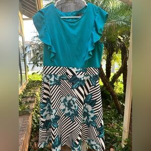 Teal and Black Floral A-line Women's Dress